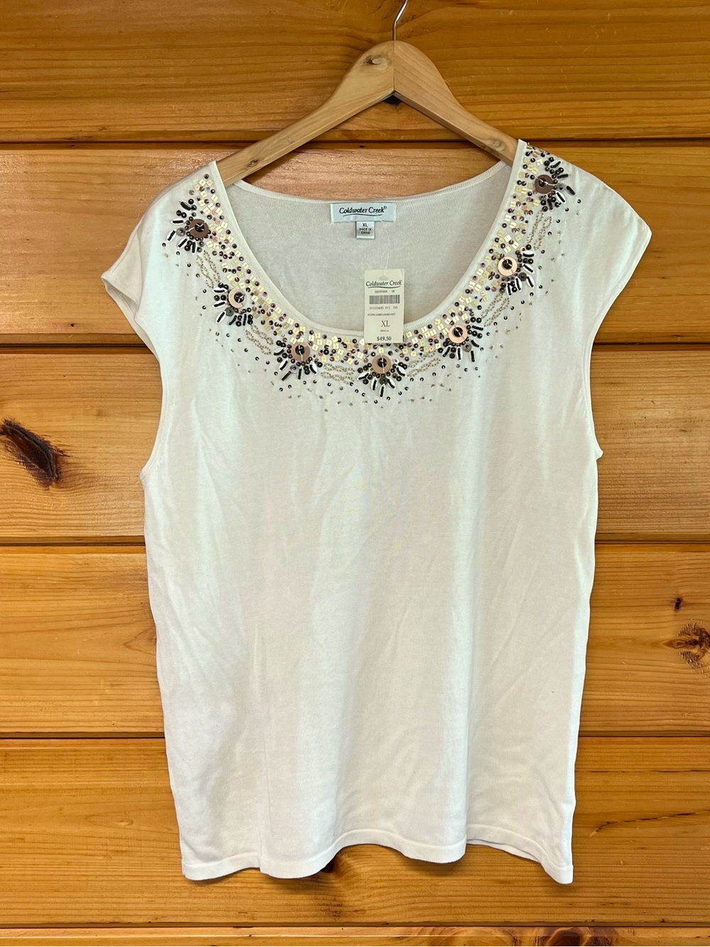 NWT Top Coldwater Creek Silk Cotton Cream Scoop Neck Tank Beaded Blouse XL